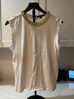 Boston Proper White Tank with Bold Gold Chain Neckline (0045)